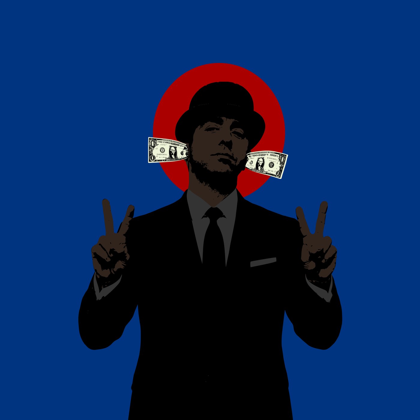 Hear No Evil — figure in a bowler hat with dollar bills over the ears, red halo