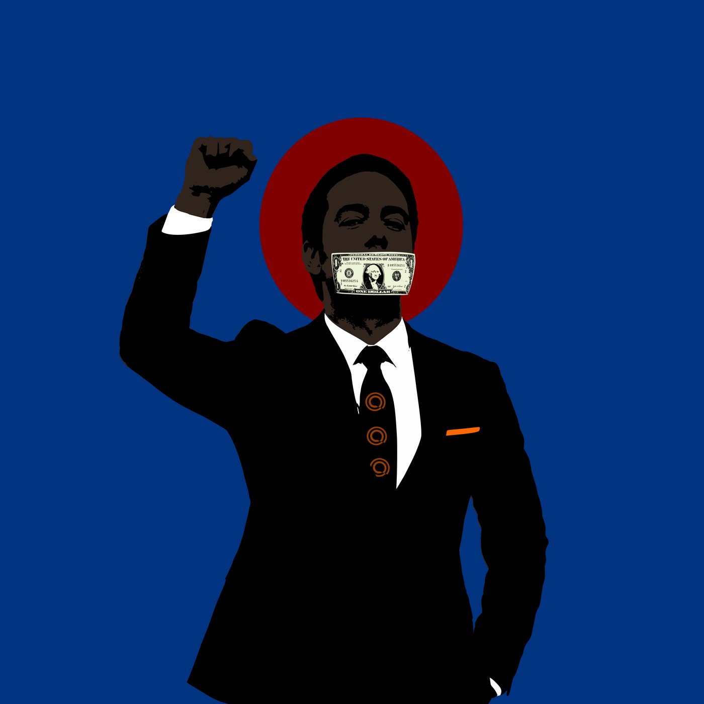 Speak No Evil — figure with a raised fist and a dollar bill over the mouth, red halo